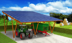 PV Carport in der Landwirtschaft mit Traktor und Hänger darunter