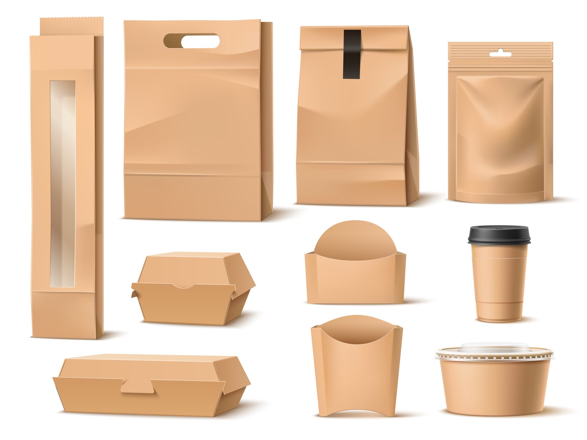 Papierverpackungen, Fastfood-Behälter, Kaffeebecher und Mahlzeit-Wrapper für Lebensmittel zum Mitnehmen.