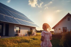 Vater und Tochter stehen in der Nähe des Hauses mit den installierten Sonnenkollektoren. Auf der Rückseite des Hauses sind Windturbinen zu sehen. Sambol für Schenkung eines Hauses an die nächste Generation.