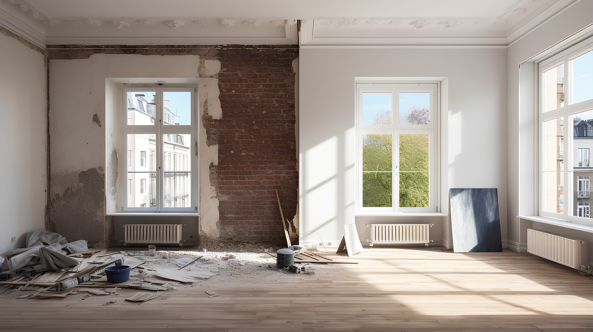 Renovierung im Zimmer mit vorher-nachher Vergleich | Teleskop-Arbeitsbühne mieten